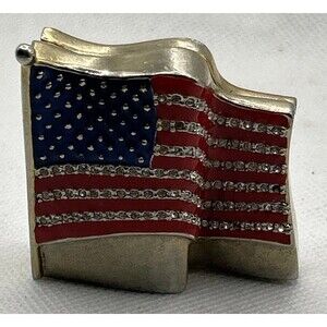 Hinged Trinket Box, US Flag, Furled Old Glory Red,White, Blue Enamel,Crystals 2”